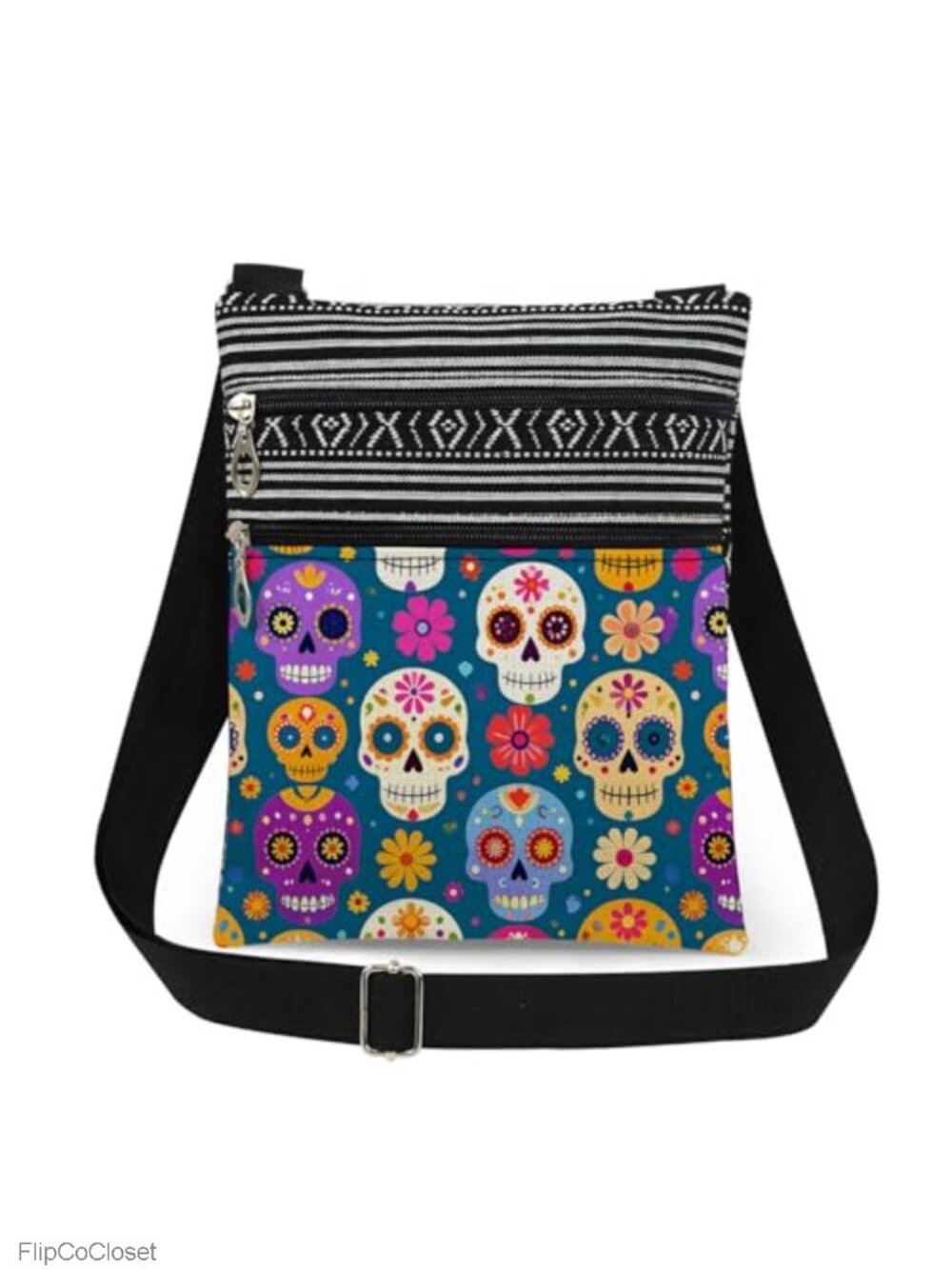 Mexican Sugar Skull Polyester Crossbody Bag Adjustable Strap Dual Pocket